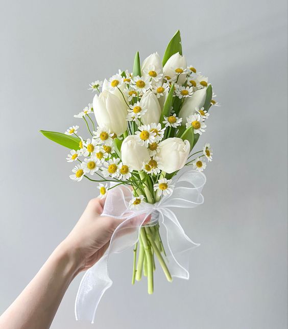 Hoa tulip trắng kết hợp với cúc tana - nhẹ nhàng, tinh tế và dịu dàng